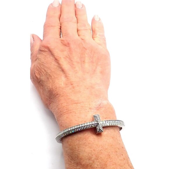 Authentic! Tiffany & Co 18k White Gold Diamond T1 Wide Hinged Bangle Bracelet - Picture 10 of 13
